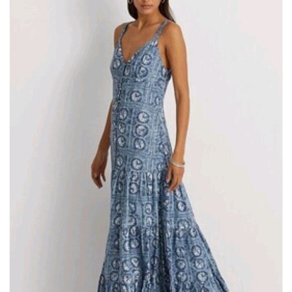 Lauren Ralph Lauren Dress Womens 4 Blue Linen Maxi Sleeveless Boho Side Zip